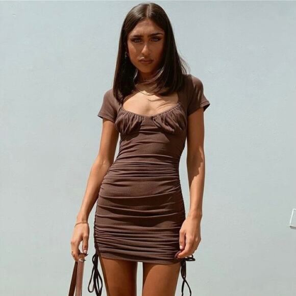 Princess Polly Dresses & Skirts - PRINCESS POLLY Neive Ruched Ribbed Knit Short Sleeve Mini Dress in Brown 6